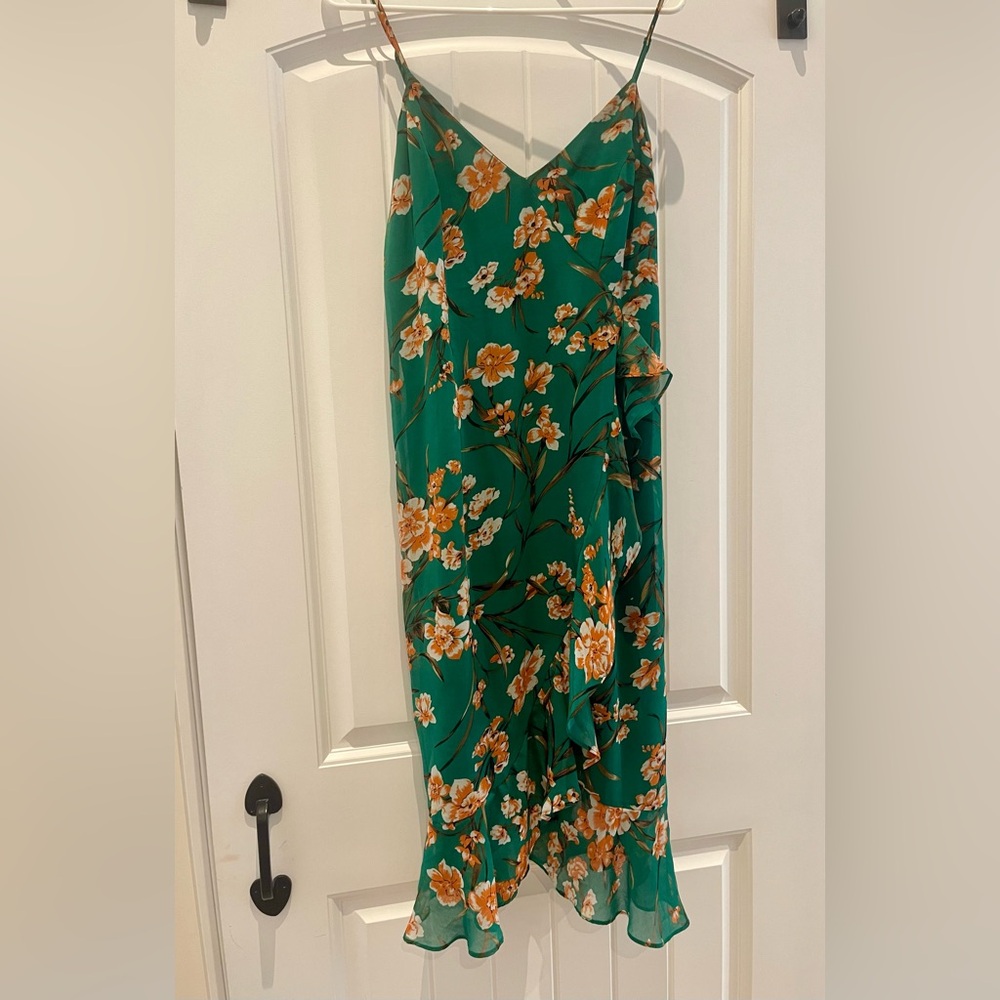 Bardot Malika Floral Print Green and Orange Faux Wrap Dress
